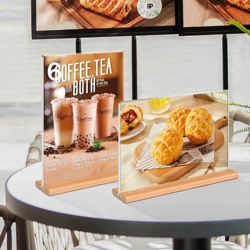 Kersally Acrylic Sign Holder 7 x 5'', 3 Pack Double-Sided Clear Table Display Stands with Wood Base,Horizontal Acrylic Frame Menu Flyer Paper Holder for Store, Restaurant, Hotel, Office, Show Fair