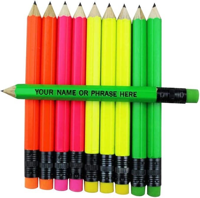 EZPENCILS & GIFTS - Golf Pencils Tipped with Eraser (1/2 a Pencil - Pew Pencils) - Neon Assorted Colored Barrel - FREE-PERSONALIZATION - 2HB Black Lead - Custom Text - Non-Smear Eraser – Package of 10