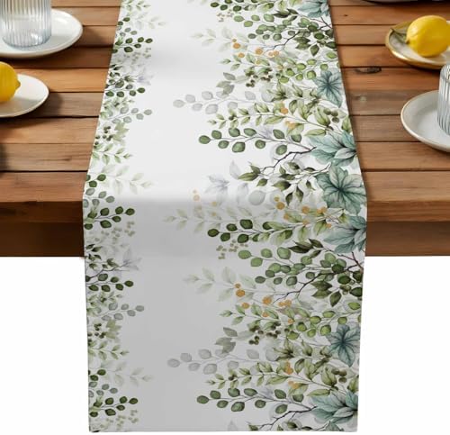 Green Eucalyptus Leaf Table Runner Dresser Scarf 13 x 72 Inch Farm Sage Green Orange Leaves Branch Table Runners Non-Slip Heat Kitchen Dining Tabletop Cover for Indoor Outdoor Home Party Decoration