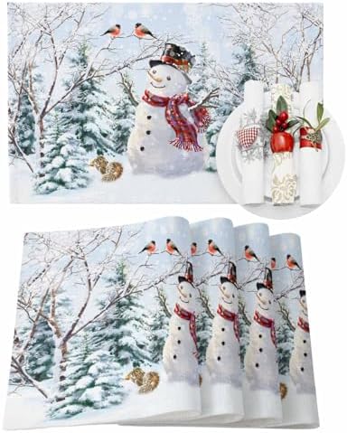 Christmas Placemats Set of 6, Snowman Squirrel Bird Heat Resistant Washable Dining Table Mats Xmas Holiday Farmhouse Decor for Kitchen&Linens Outdoor Indoor, Pine Tree Branch Snowflake