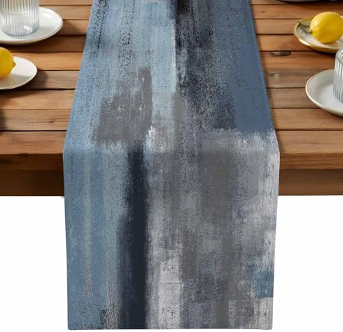 Blue Grey Graffiti Table Runner Dresser Scarf 13 x 108 Inch Abstract Oil Paint Art Mottled Texture Modern Table Runners Non-Slip Heat Resistant Kitchen Dining Table Decor for Home Indoor Outdoor