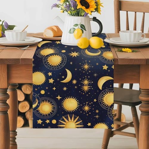 Fantasy Galaxy Table Runner Dresser Scarf 13 x 120 Inch Golden Planet Universe Sun Moon Stars Retro Table Runners Non-Slip Heat Resistant Kitchen Dining Table Decor for Home Holidays Indoor Outdoor