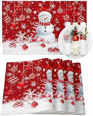 Christmas Placemats 1 Pack, Snowman Heat Resistant Washable Dining Table Mats Xmas Holiday Farmhouse Decor for Kitchen&Linens Outdoor Indoor, Snowflake Red Christmas Balls