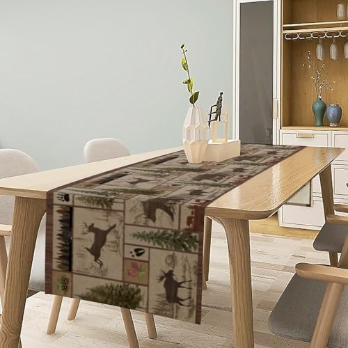 Rustic Moose Deer Bear Table Runner, Retro Vintage Bear Cottage Country Style Cabin Farmhouse Dinner Runner for Home Kitchen Dining Table Decoration 13x70inch