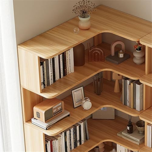 Vertical Wall Corner Shelf with Open Back 5-Shelf Wood Corner Bookshelf Floor Book Rack Multi-Layer Storage Shelf Against the Wall Bookcase Light Walnut 35" L x 24" W x 50" H