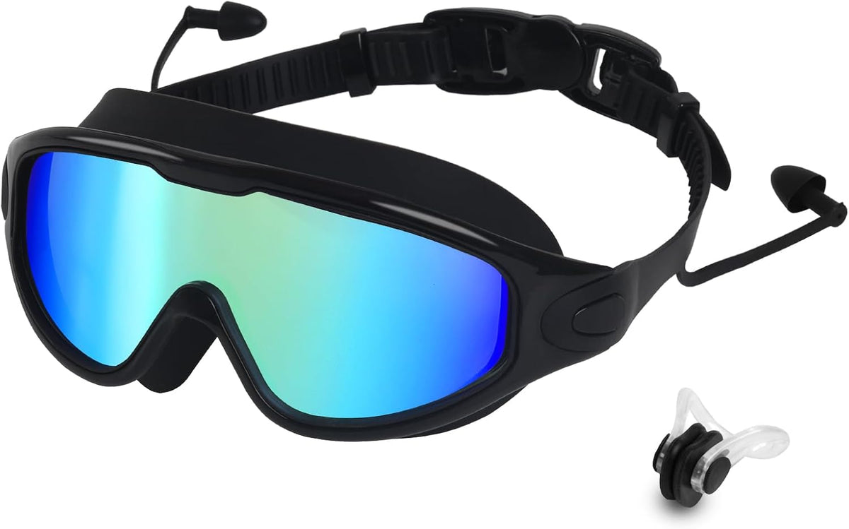 Swim Goggles for Adults, Wide View Anti-Fog & UV Swimming Goggles with Nose Clip & Ear Plugs, No Leak