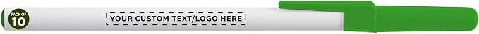 DISCOUNT PROMOS Custom Value Stick Pens Set of 10, Personalized Bulk Pack - Blue Ink, Great for Office, School, Business, Tradeshows, Events - Green Cap