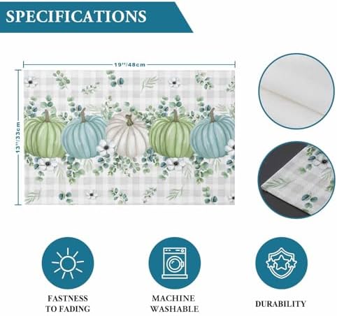 Fall Thanksgiving Placemats Set of 4, Autumn Pumpkins Eucalyptus Leaves Heat Resistant Dining Table Mats Fall Holiday Farmhouse Decor for Kitchen&Linens Outdoor Indoor, White Blue Green Gray Plaid