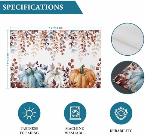 Fall Thanksgiving Placemats Set of 6, Watercolor Pumpkins Eucalyptus Leaves Heat Resistant Washable Linen Table Place Mats Party Holiday Decor for Home Kitchen Dining Outdoor Indoor, Blue Orange