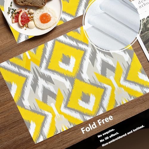 Batmerry Geometric Placemats,Retro Geometric Ikat Yellow Gray Pattern Woven Burlap Modern Linen Washable Insulation Table Mats for Farmhouse Placemats Set of 4