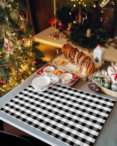 Rustic Black White Buffalo Check Plaid Pattern Placemats Set of 4, Farmhouse Heat Resistant Washable Table Place Mats Cotton Table Linens Party Holiday Decor for Kitchen Dining Outdoor Indoor
