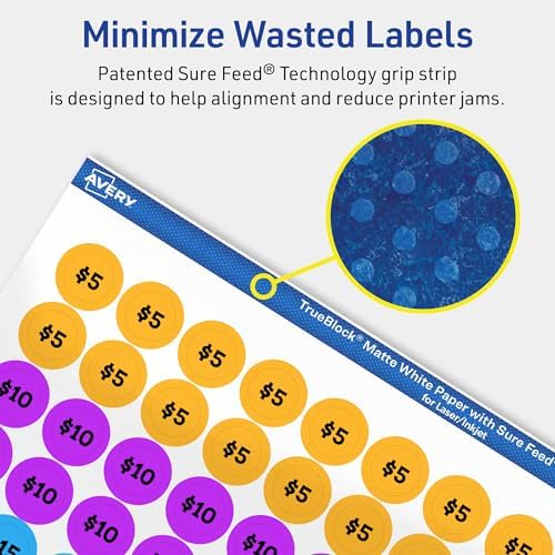 Avery® TrueBlock® Matte White Round Labels, Sure Feed® Technology, 0.5" Diameter, 3,850 Matte White Labels, Print-to-The-Edge, Laser/Inkjet Printable, Great for Product Merchandising Stickers