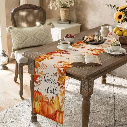 Fall Pumpkin Table Runner Dresser Scarf 13 x 108 Inch Harvest Orange Maple Leaves Table Runners Non-Slip Heat Resistant Kitchen Dining Table Decor for Autumn Thanksgiving Holidays Indoor Outdoor