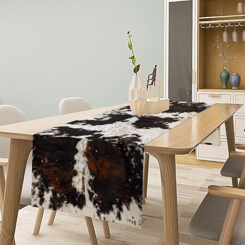 Cow Print Table Runner, Black White Cowhide Print Western Style Table Runner Country Farmhouse Cottage Cow Patten Table Decoration for Home Kitchen Dining, 13x70 Inch