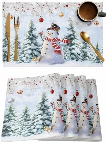 Snowman Placemats Set of 4, Blue Merry Christmas Tree Red Balls Squirrel Heat Resistant Washable Table Place Mats Winter Cotton Table Linens Party Holiday Decor for Kitchen Dining Outdoor Indoor