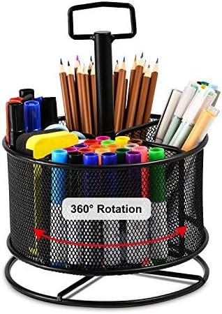 Marbrasse Mesh Desk Organizer, 360-Degree Rotating Multi-Functional Pen Holder, 4 Compartments Desktop Stationary Organizer, Home Office Art Supply Storage Box Caddy (Black)