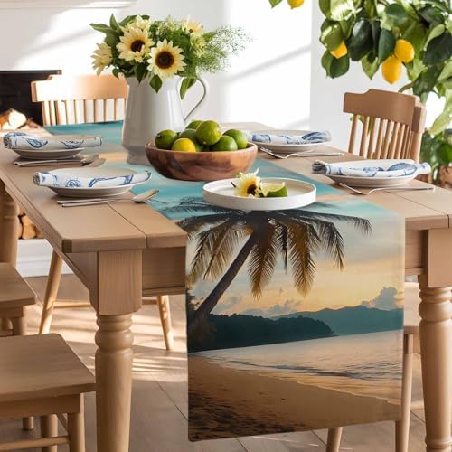 Sunset Beach Table Runner Dresser Scarf 13 x 120 Inch Tropical Coastal Ocean Palm Tree Nautical Table Runners Non-Slip Heat Resistant Kitchen Dining Table Decor for Home Holidays Indoor Outdoor