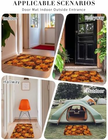 Fall Door Mat Orange Harvest Pumpkin Doormat Autumn Maple Leaf Harvest Thanksgiving Welcome Mat Non Slip Rubber Entryway Front Rug Floor Mat for Indoor Outdoor Kitchen Autumn Holiday Home Decor 20x32