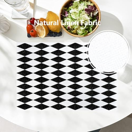 Batmerry Black White Diamond Linen Placemats Set of 8, Abstract Black and White Harlequin Washable Table Mats for Kitchen Table Thickened Heat Insulation Dining Set Indoor Outdoor 12X18 in
