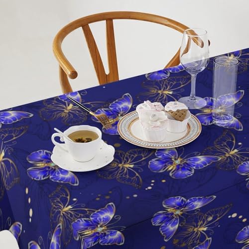 Dark Purple Butterfly Tablecloth, Luxury Golden Blue Purple Butterfly Print Table Cloth for Outdoor Patio Party Picnic Wedding Indoor Kitchen Dinner Table Decor 55x55in