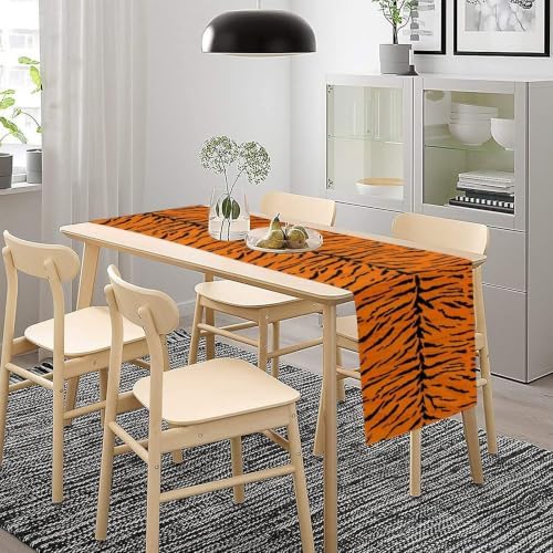 Vintage Tiger Print Table Runner, Rustic Cottage Country Farm Animal Fur Skin Pattern Western Style Black Brown Print Dinner Runner for Home Kitchen Dining Table Decoration 13x36 Inch