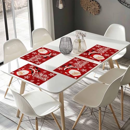 Red Merry Christmas Placemats Set of 6, Funny Hanging Santa Heat Resistant Washable Table Place Mats Snow Winter Holiday Cotton Table Linens Party Holiday Decor for Kitchen Dining Outdoor Indoor