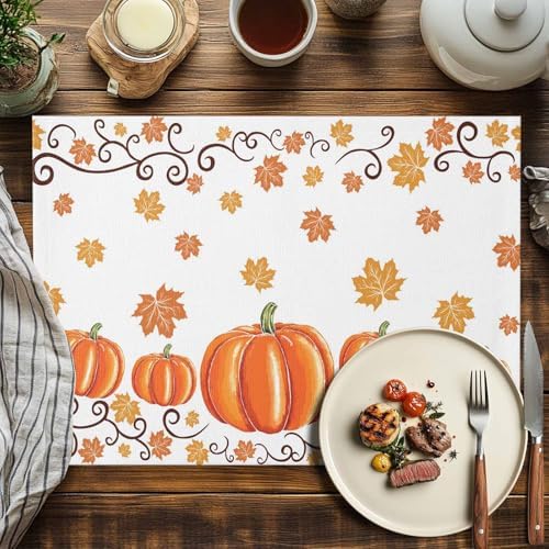 Fall Maple Leaves Placemat, Thanksgiving Watercolor Pumpkins Heat Resistant Washable Table Place Mats Orange Cotton Table Linens Party Holiday Decor for Home Kitchen Dining Outdoor Indoor,