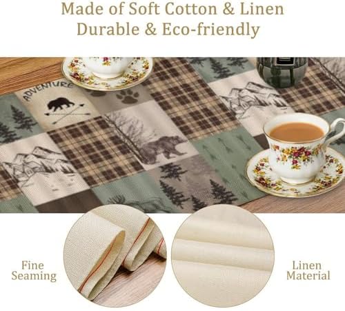 Rustic Moose Deer Bear Table Runner, Retro Vintage Bear Cottage Country Style Cabin Farmhouse Dinner Runner for Home Kitchen Dining Table Decoration 13"x90"