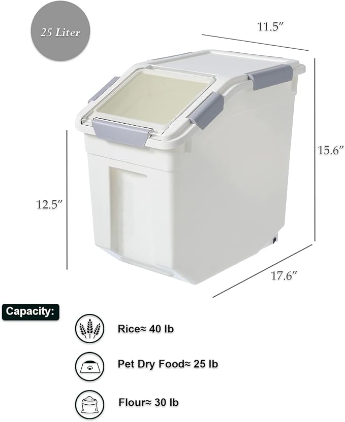 HANAMYA 25 Liter / 40 lbs Rice Storage Container with Measuring Cup, BPA free, For Rice | Grain | Pet Food | Flour, 2 count, White