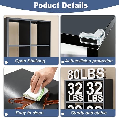 4 Cube Organizers and Storage, Open Shelf Storage, Includes 4 Corner Bumpers, Space-Saving Vertical Storage for Living Room, Home Office, 41.7" H x 27.6" W x 11.8" D, Black