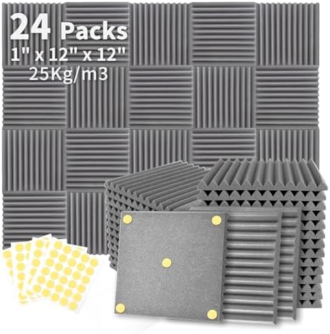 Focusound 24 Pack Grey Acoustic Foam Panels 1" x 12" x 12" Sound Proof Foam Panles Soundproofing Noise Cancelling Wedge Panels for Home Office Recoding Studio with 240PCS Double-Side Adhesive