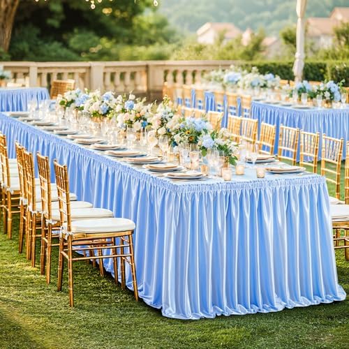 Wish Care 14ft Baby Blue Satin Table Skirt for Rectangle Tables Wrinkle Free Teacher Desk Skirt Glitter Ruffle Table Skirting Cloth for Back to School Classroom Office Dorm Birthday Party Table Decor