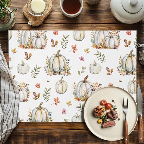 Fall Floral Leaves Placemats Set of 4, Thanksgiving Pumpkins Heat Resistant Washable Table Place Mats Boho Cotton Table Linens Party Holiday Decorations for Home Kitchen Dining Table Outdoor Indoor,