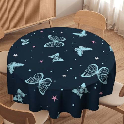 Blue Butterfly Tablecloth, Cartoon Colorful Butterfly Pink Starry Sky Star Print Tablecloth for Camping Indoor Outdoor Decor, 70x70in