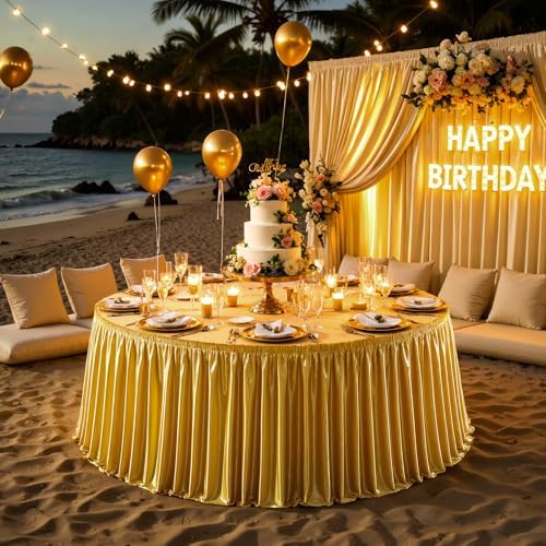 Wish Care 21ft Gold Satin Table Skirt for Rectangle Tables Wrinkle Free Teacher Desk Skirt Glitter Ruffle Table Skirting Cloth for Back to School Classroom Office Cocktail Birthday Party Table Decor