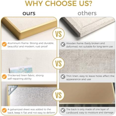 SELEAD Linen Bulletin Board 24” x 18” - Golden Aluminum Frame, Beige Fabric