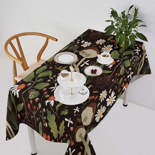 Wild Mushrooms Tablecloth, Rustic Chamomile Flowers Herbs Plants Retro Botanical Mushroom Natural Print Table Cover for Kitchen Dining Room Picnic Camping Indoor Outdoor 55x55in