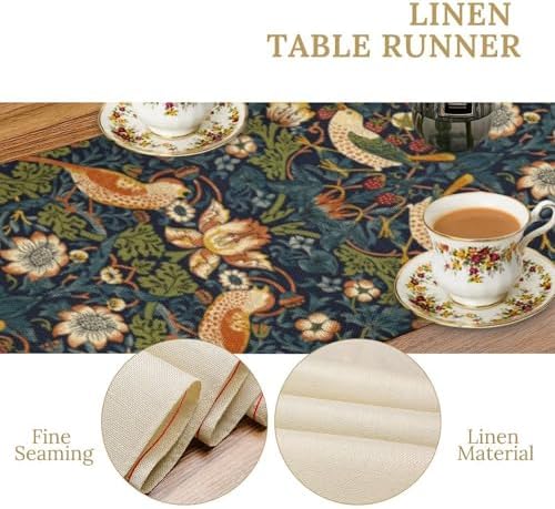 William Morris Strawberry Thief Floral Botanical Art Table Runner Vintage Flowers Table Runner for Dining Table Decor 13 x 60 Inch