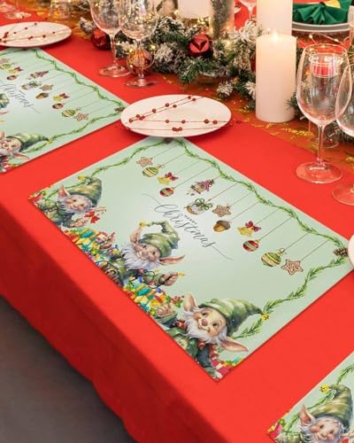 Merry Christmas Placemat 1PC, Green Christmas Gnome Elf Heat Resistant Washable Table Place Mats Xmas Balls Cotton Table Linens Party Holiday Decor for Kitchen Dining Outdoor Indoor