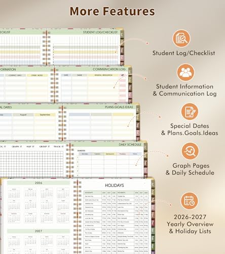 Teacher Planner 2026-2027, July 2026 - June 2027, Academic Weekly & Monthly Calendar Planner with Tabs, 8.5" x 11" A4 Teacher Lesson Plan Book with 7 Periods, Daily Agenda School Organizer for Teacher Student Homeschool, Bowknot Flowers