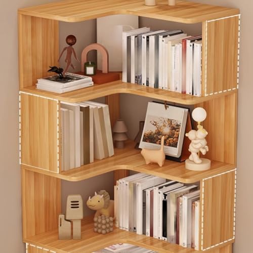 Vertical L-Shape Storage with Open Back 5 Shelves Corner Bookshelf Wood Floor Rack Student Integrated Wall Bookcase Corner Cabinet Multi-layer Storage Cabinet Light Walnut 24"L x 24"W x 63"H