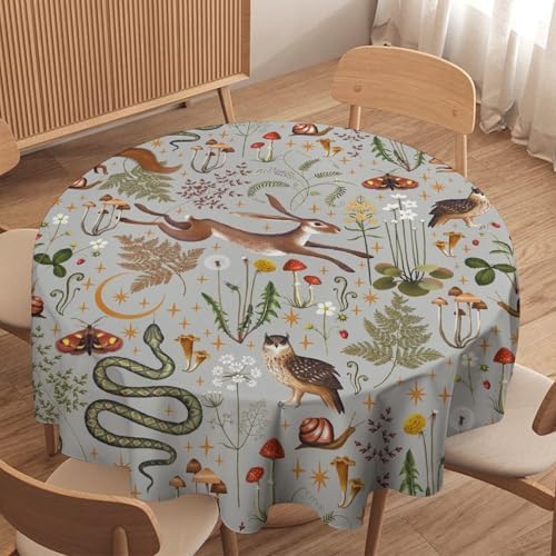 Woodland Animal Tablecloth, Grey Country Forest Hare Squirrel Owl Snake Snail Flowers Mushroom Print Table Cover for Picnic Party Holiday Home Kitchen Dining Table Decor, 60x60in
