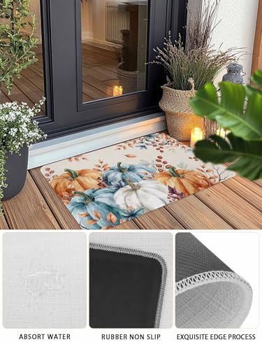 Fall Door Mat Orange Blue Pumpkin Doormat Autumn Floral Maple Leaves Harvest Thanksgiving Welcome Mat Non Slip Rubber Entryway Front Rug Floor Mat for Indoor Outdoor Kitchen Autumn Holiday Decor 16x24
