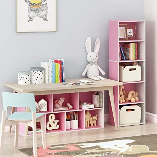 Furinno LUDER Book Shelf, 7-Cube Bookshelf, Bookcase with Open Shelves, 9.4 x 19.5 x 41.7, Easy Assembly, for Living Room, Bedroom, Home Office, White/Pink