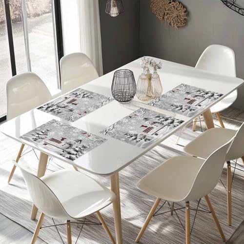 Winter Christmas Placemats Set of 6, Cute Snowman Cardinals Heat Resistant Washable Table Place Mats GreySnowy Pine Forest Cotton Table Linens Party Holiday Decor for Kitchen Dining Outdoor Indoor