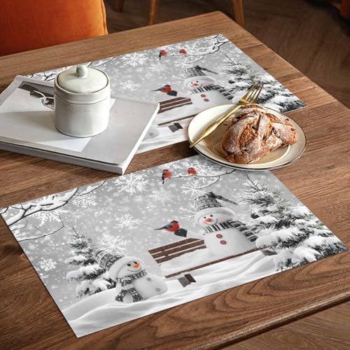 Winter Christmas Placemats Set of 6, Cute Snowman Cardinals Heat Resistant Washable Table Place Mats GreySnowy Pine Forest Cotton Table Linens Party Holiday Decor for Kitchen Dining Outdoor Indoor