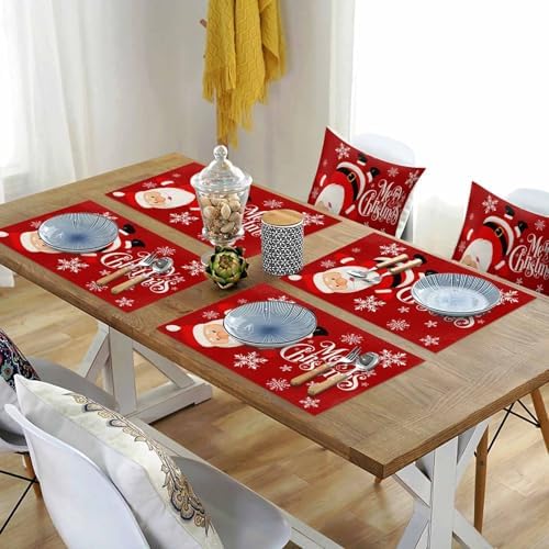Red Merry Christmas Placemats Set of 6, Funny Hanging Santa Heat Resistant Washable Table Place Mats Snow Winter Holiday Cotton Table Linens Party Holiday Decor for Kitchen Dining Outdoor Indoor
