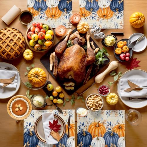 Fall Thanksgiving Placemats Set of 4, Orange Navy Blue Pumpkin Heat Resistant Washable Dining Table Mats Fall Holiday Farmhouse Decor for Kitchen&Linens Outdoor Indoor, Harvest Autumn Leaves