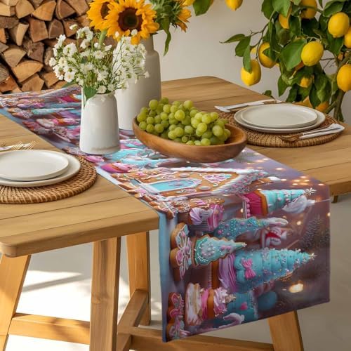 Christmas Table Runner Dresser Scarf 13 x 72 Inch Gingerbread House Gingerbread Man Cake Candy Table Runners Non-Slip Heat Resistant Kitchen Dining Table Decor for Home Holidays Indoor Outdoor