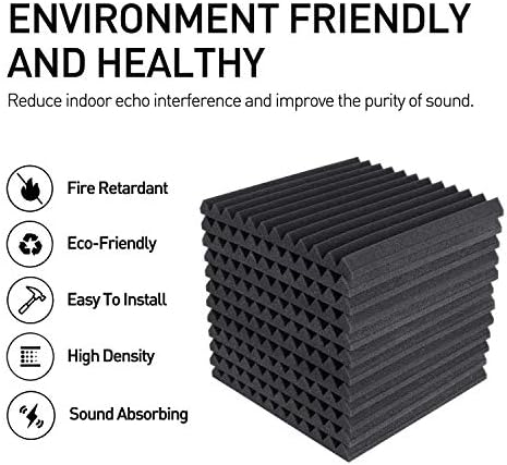 Focusound 24 Pack Grey Acoustic Foam Panels 1" x 12" x 12" Sound Proof Foam Panles Soundproofing Noise Cancelling Wedge Panels for Home Office Recoding Studio with 240PCS Double-Side Adhesive